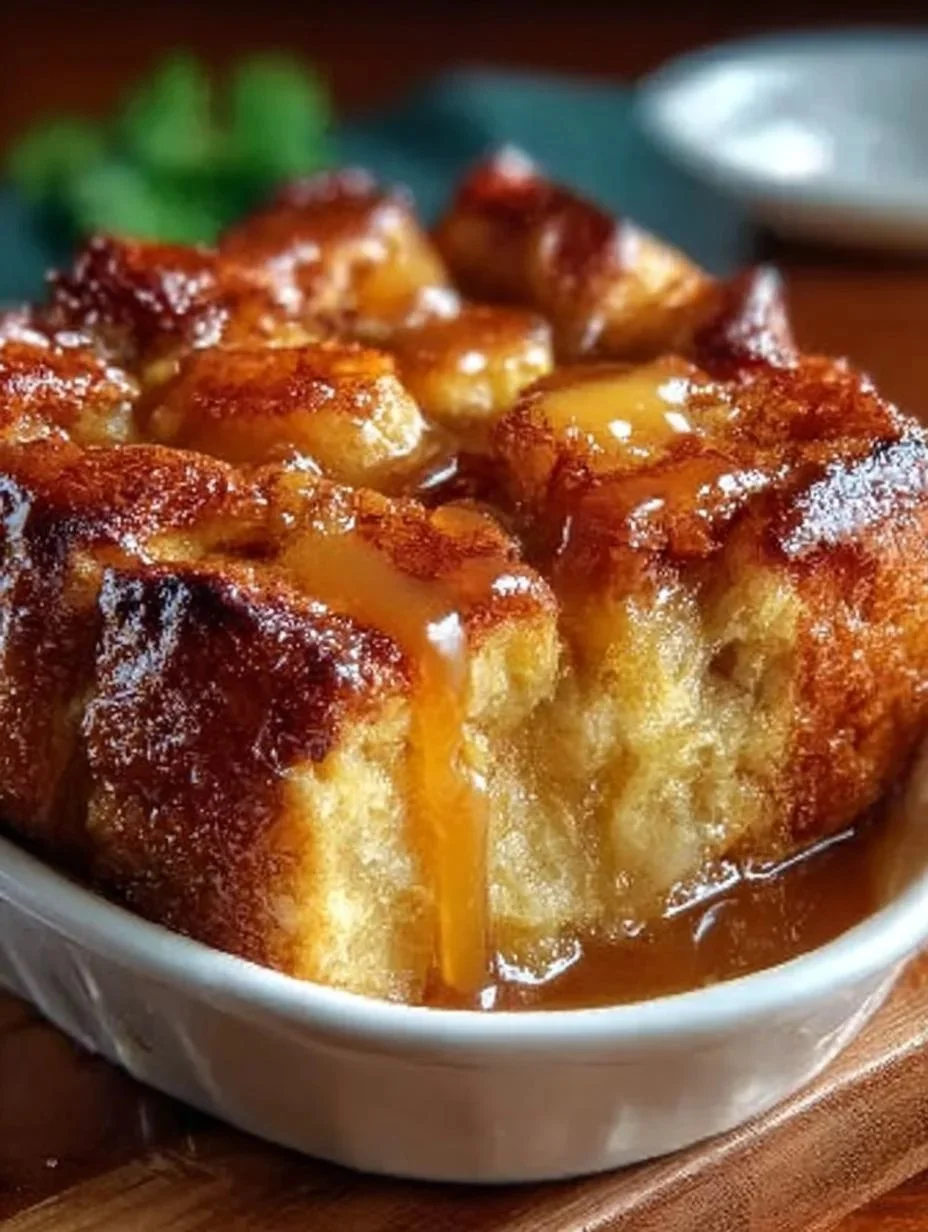 Delicious croissant bread pudding topped with caramel sauce on a plate.