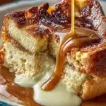 Delicious Eggnog Bread Pudding topped with Rum Sauce served in a festive dish
