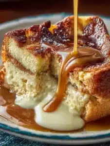 Delicious Eggnog Bread Pudding topped with Rum Sauce served in a festive dish