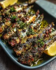 Flavorful garlic herb crusted roasted sardines on a serving plate
