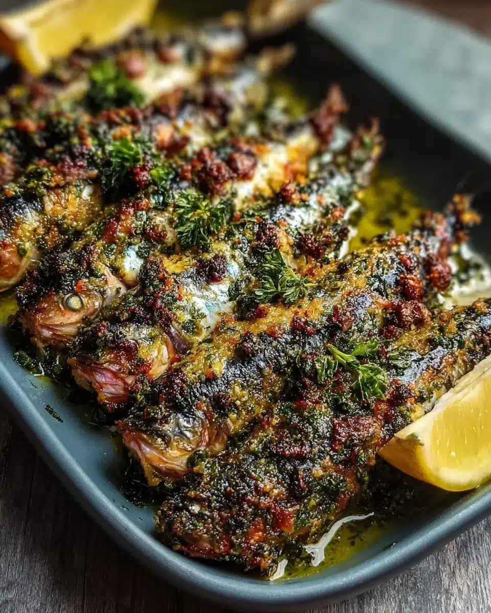 Flavorful garlic herb crusted roasted sardines on a serving plate