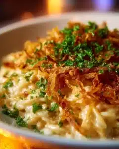 French Onion Chicken Orzo Casserole topped with melted cheese and herbs