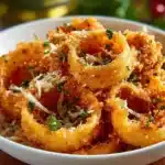 Plate of crispy fried tortellini served with marinara sauce