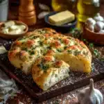 Freshly baked Garlic Parmesan Focaccia Bread with herbs and seasoning
