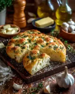 Freshly baked Garlic Parmesan Focaccia Bread with herbs and seasoning