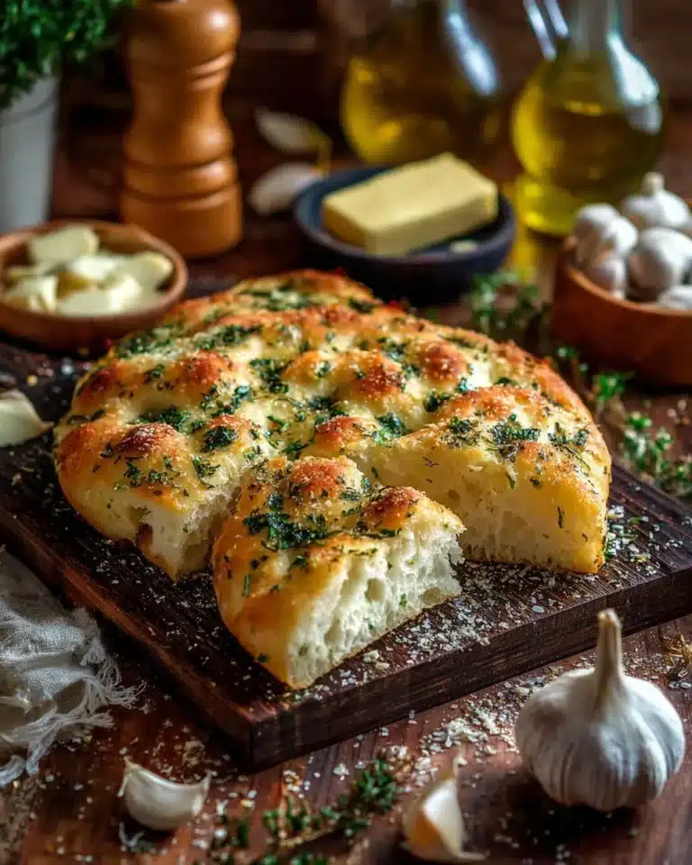 Freshly baked Garlic Parmesan Focaccia Bread with herbs and seasoning