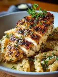 Healthy garlic parmesan chicken garnished with herbs and served on a plate