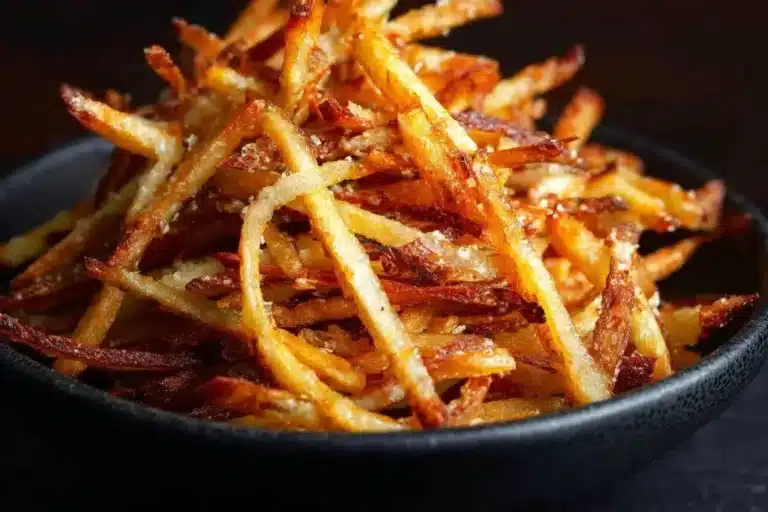 Crispy homemade shoestring French fries ready to enjoy