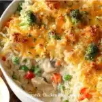 Delicious homestyle chicken rice casserole baked with wholesome ingredients.