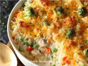 Delicious homestyle chicken rice casserole baked with wholesome ingredients.