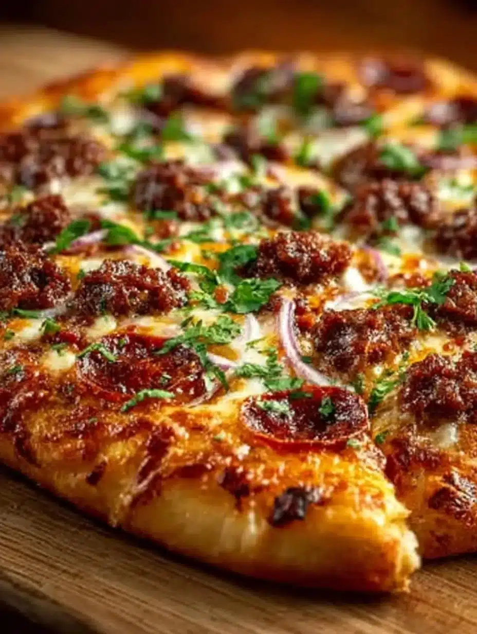 Delicious chorizo pizza topped with spicy sausage and fresh ingredients