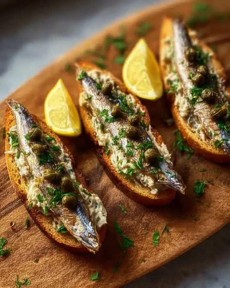 Lemon-garlic sardine toasts served on a wooden board.