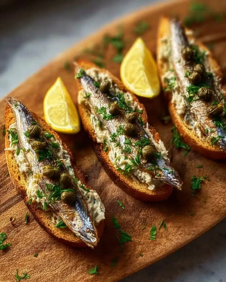 Insanely Easy Lemon-Garlic Sardine Toasts 1 Lemon-garlic sardine toasts served on a wooden board.