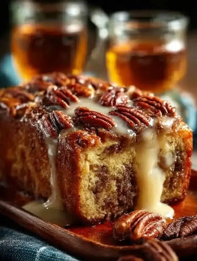 Delicious pecan bourbon bread topped with nuts and bourbon glaze.