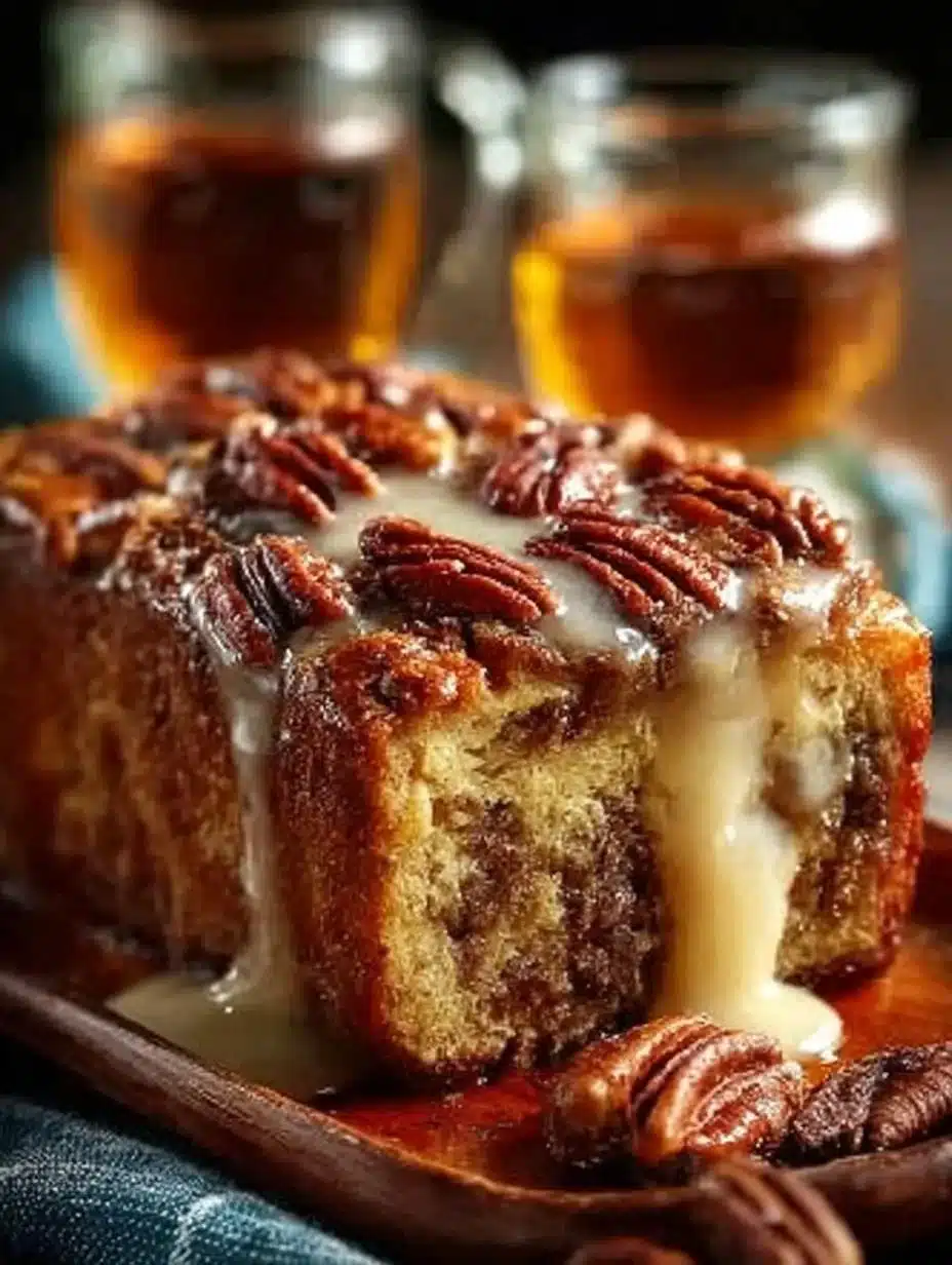 Delicious pecan bourbon bread topped with nuts and bourbon glaze.