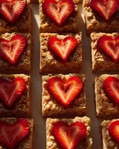 Delicious strawberry oatmeal bars on a wooden table with fresh strawberries