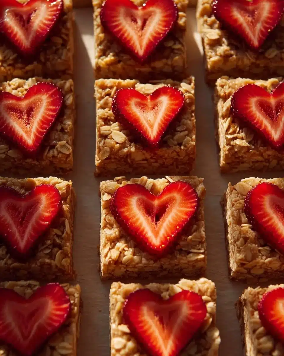 Irresistible Strawberry Oatmeal Bars 1 Delicious strawberry oatmeal bars on a wooden table with fresh strawberries