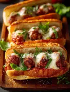 Delicious Italian meatball sub sandwich loaded with meatballs and marinara.