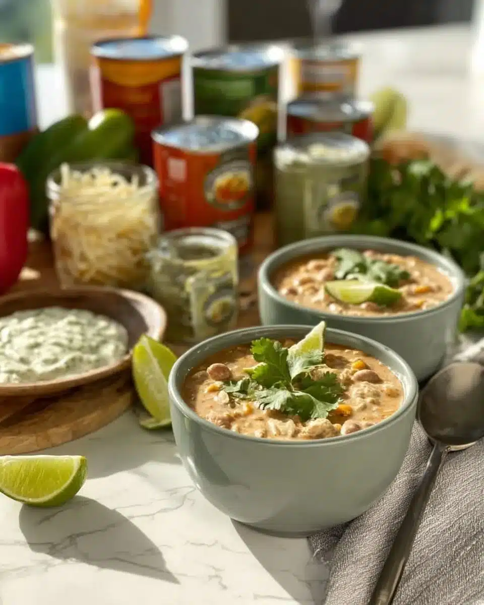 Bowl of Keto Cream Cheese Chicken Chili garnished with herbs and cheese.
