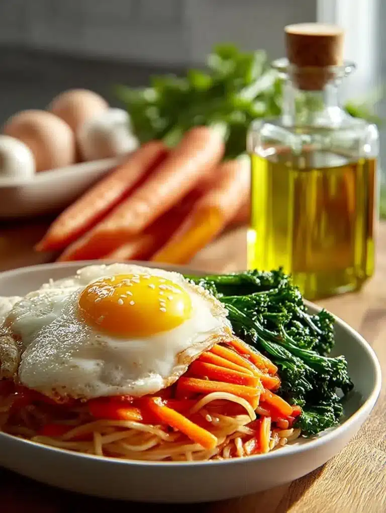 Plate of flavorful Korean Fried Noodles with vegetables and spices