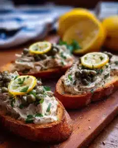 Lemon Caper Sardines Pâté on crostini served as an appetizer