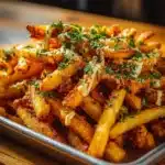 Delicious Loaded Cajun Fries topped with cheese and Voodoo sauce on a plate