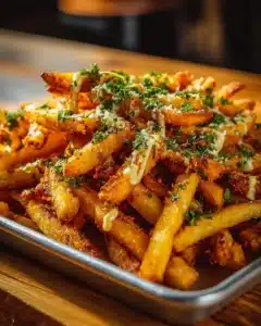 Delicious Loaded Cajun Fries topped with cheese and Voodoo sauce on a plate