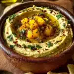 Delicious Mango Jalapeño Hummus garnished with fresh herbs and peppers.
