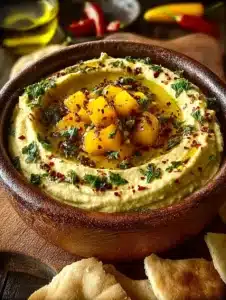 Delicious Mango Jalapeño Hummus garnished with fresh herbs and peppers.