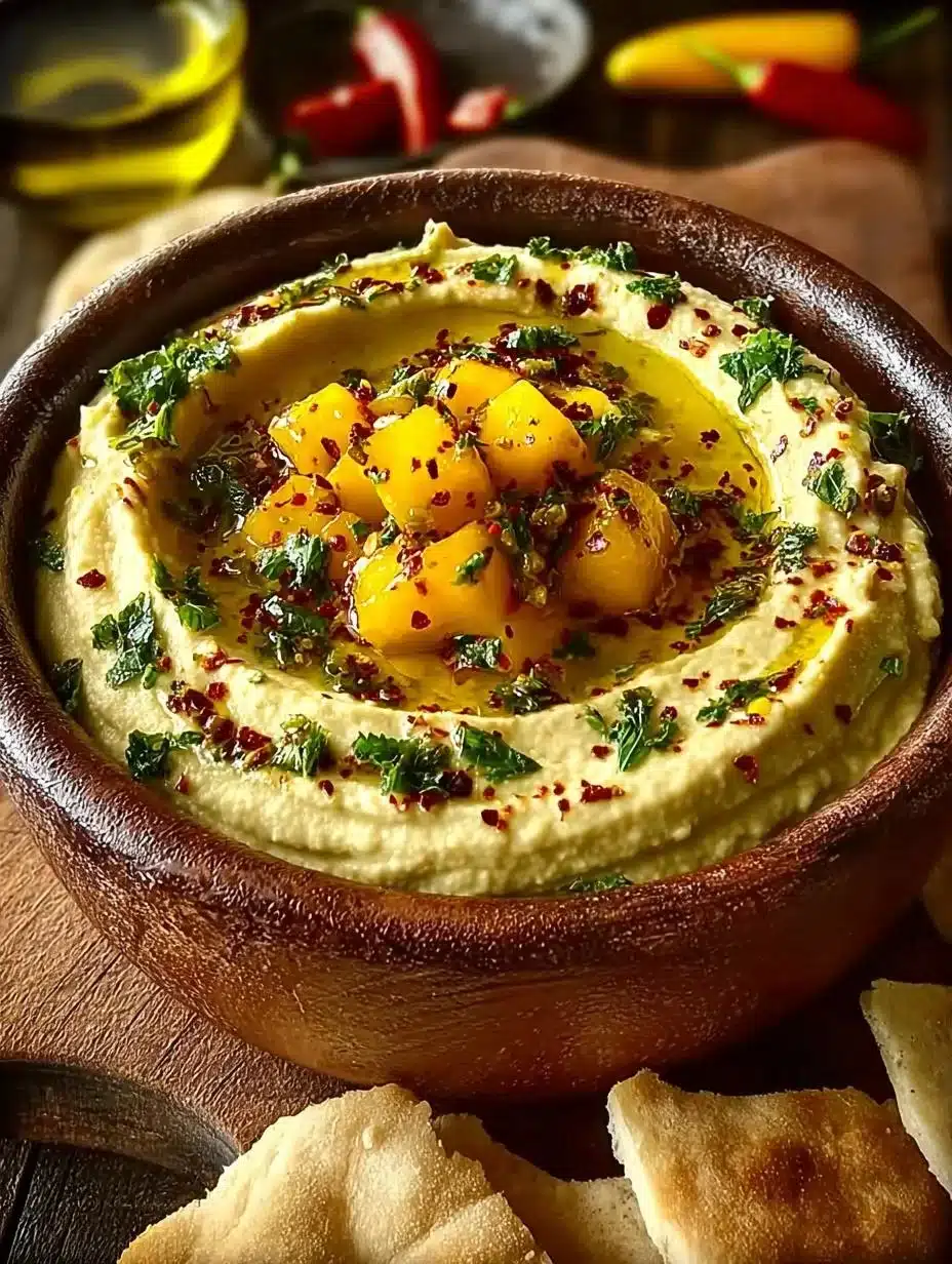 Mango Jalapeño Hummus 1 Delicious Mango Jalapeño Hummus garnished with fresh herbs and peppers.
