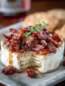 Delicious Maple Bacon Brie Cheese with crispy bacon and maple syrup drizzle