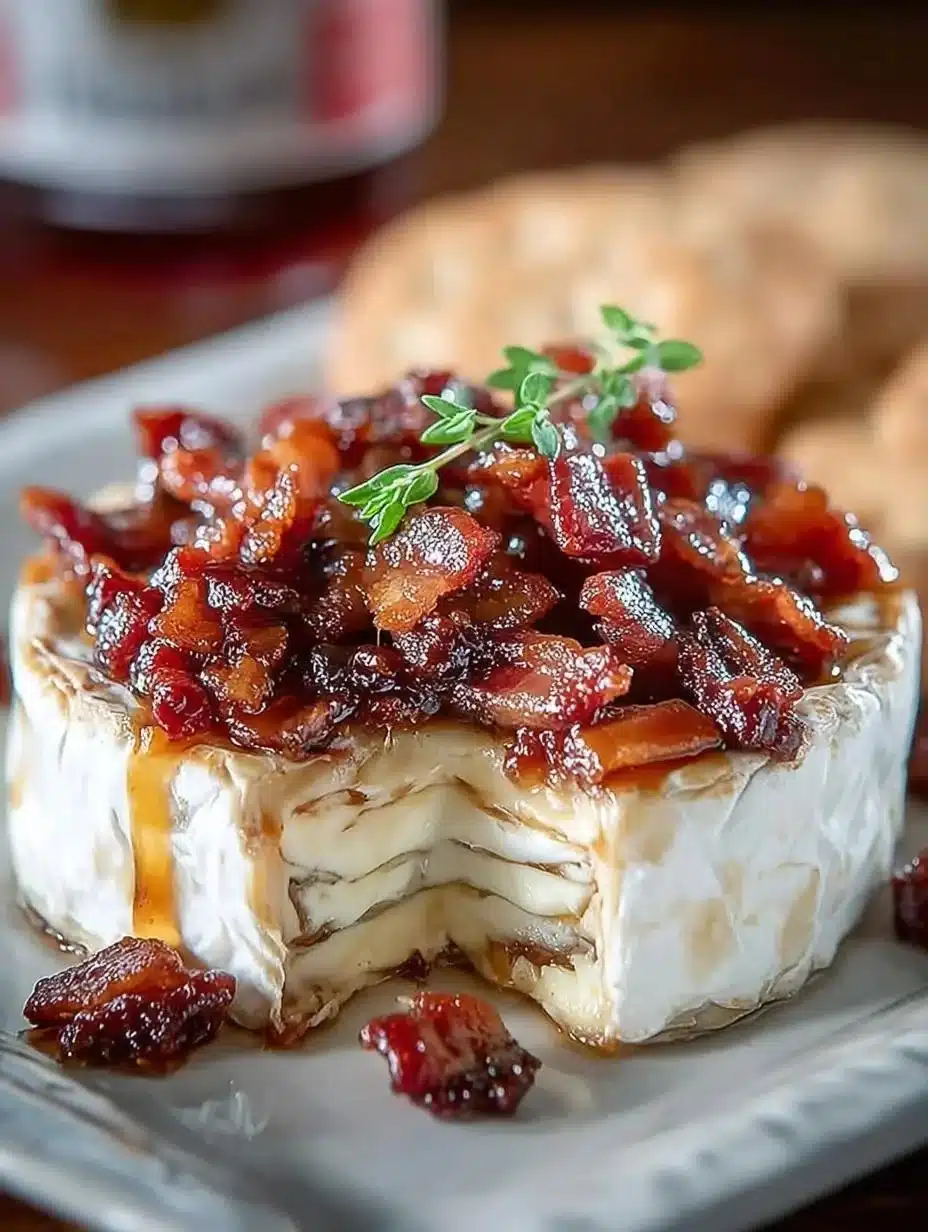 Delicious Maple Bacon Brie Cheese with crispy bacon and maple syrup drizzle