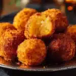Crispy mashed potato cheese puffs served on a plate.