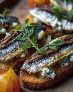 Mediterranean sardine toast garnished with herbs and served on crispy bread