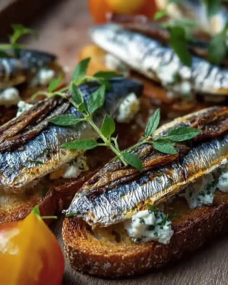 Mediterranean sardine toast garnished with herbs and served on crispy bread
