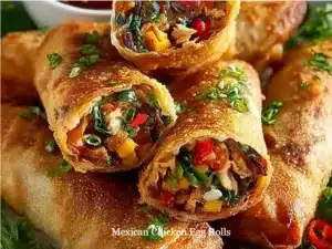 Plate of crispy Mexican Chicken Egg Rolls filled with seasoned chicken and spices