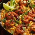 Mexican street corn topped with shrimp and creamy feta cheese sauce