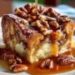 Delicious pecan pie bread pudding served warm with a scoop of ice cream
