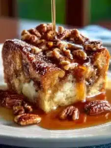 Delicious pecan pie bread pudding served warm with a scoop of ice cream
