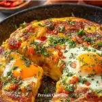 A delicious Persian Omelette garnished with herbs and green vegetables.