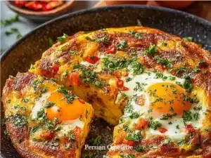 A delicious Persian Omelette garnished with herbs and green vegetables.