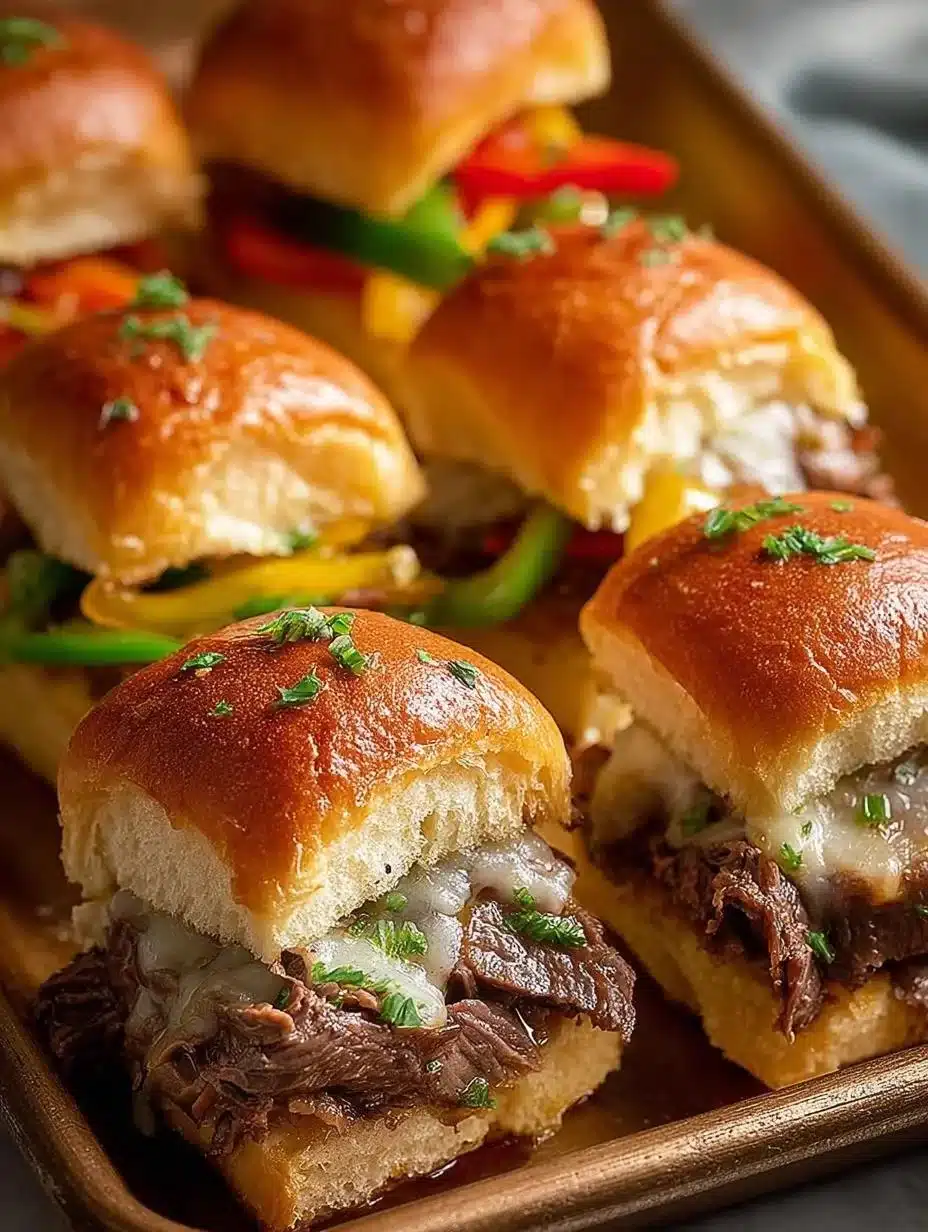 Philly Cheesesteak Sliders served on a platter with toppings