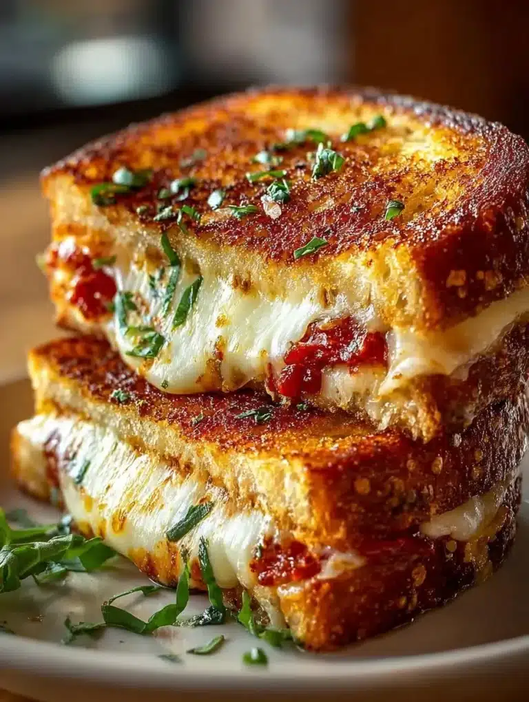 Melted pizza grilled cheese sandwich with tomato and basil topping.