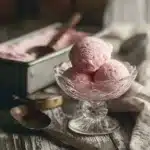 Creamy rhubarb ice cream served in a bowl with fresh rhubarb stalks
