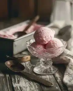 Creamy rhubarb ice cream served in a bowl with fresh rhubarb stalks