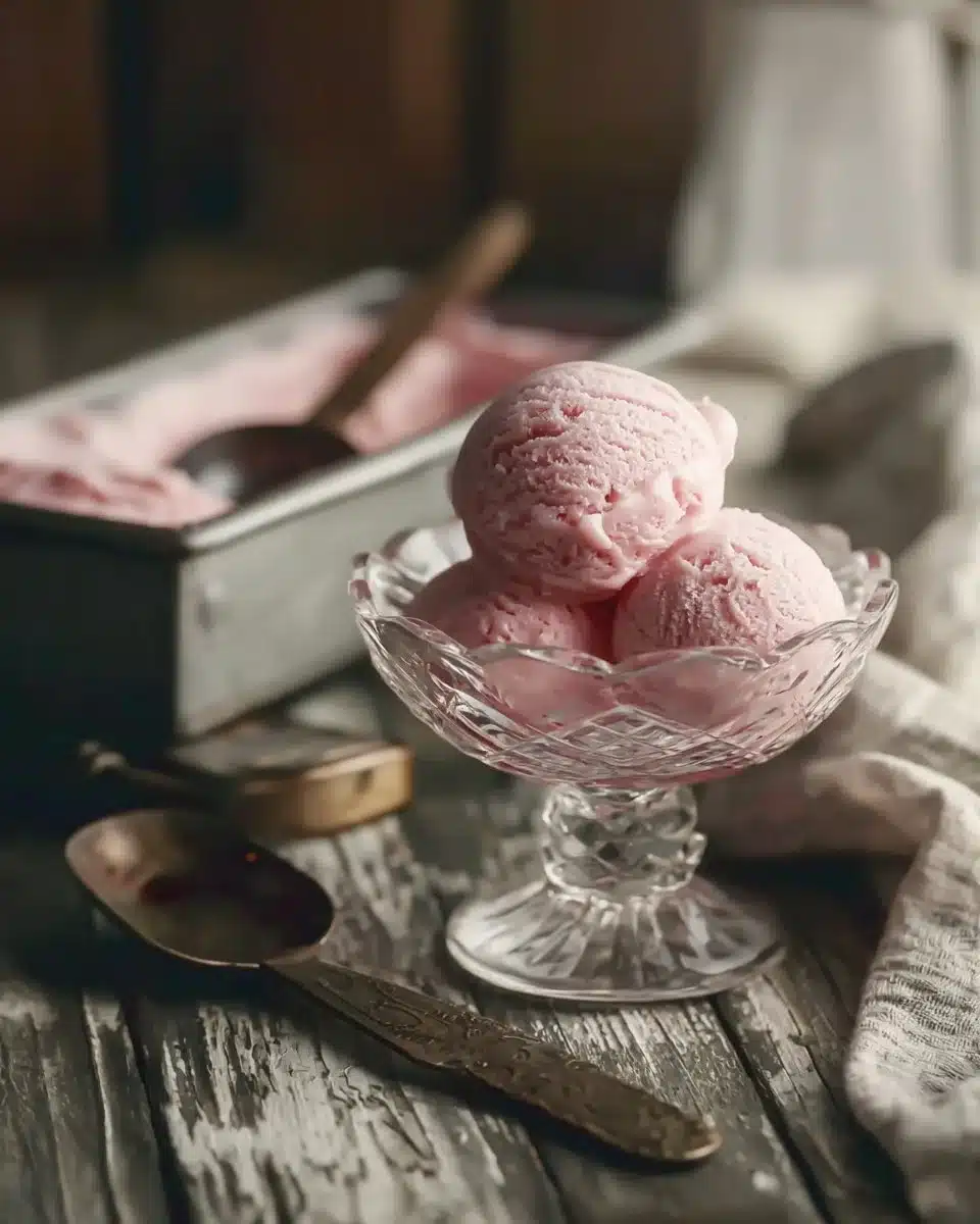 Creamy rhubarb ice cream served in a bowl with fresh rhubarb stalks