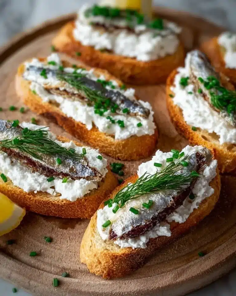 Sardine Goat Cheese Crostini topped with herbs on a wooden serving board.