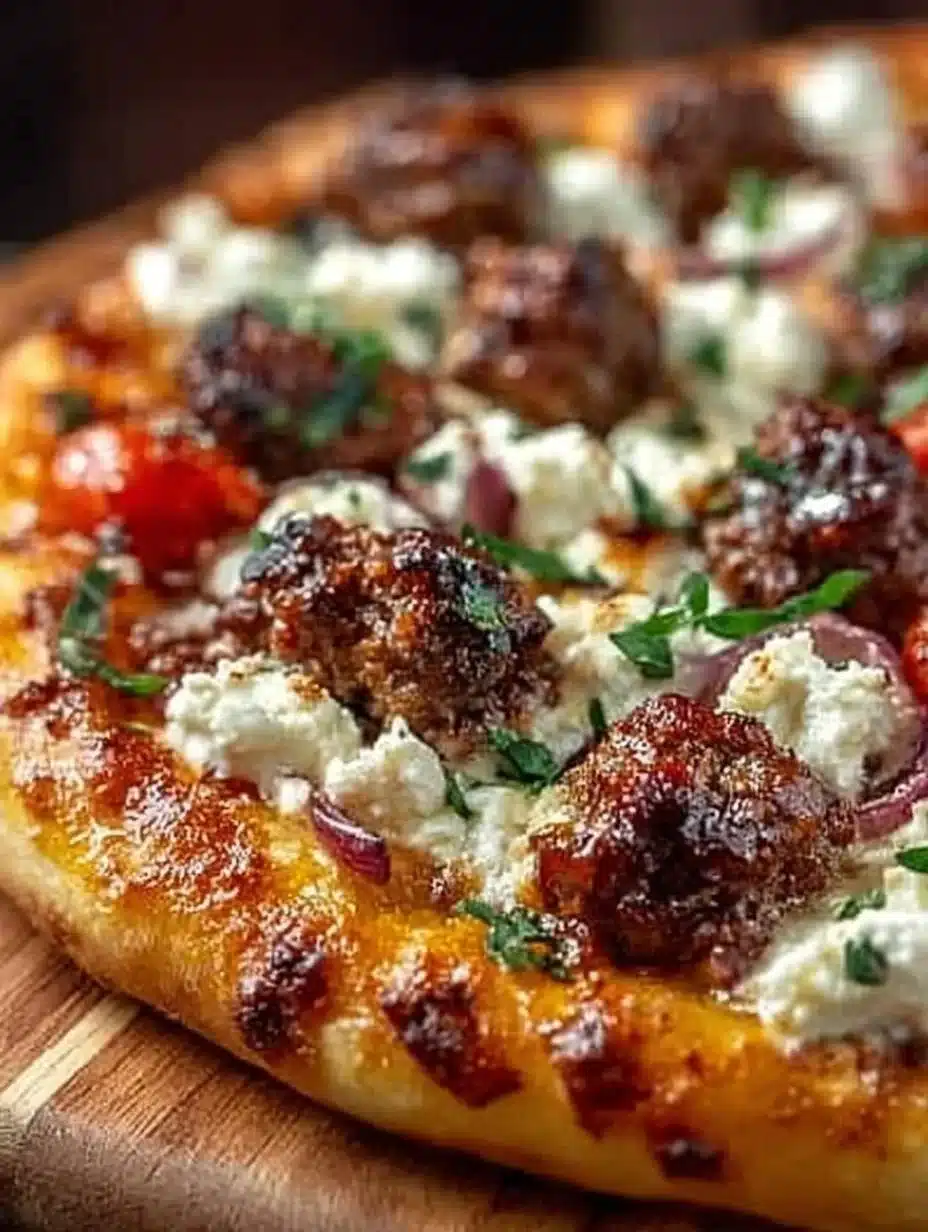 Sausage Feta Pizza with crispy crust, sausage toppings, and feta cheese