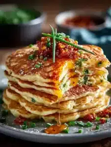 Savory Dinner Pancakes with Chilli Butter 6 Savory dinner pancakes topped with spicy chili butter on a plate