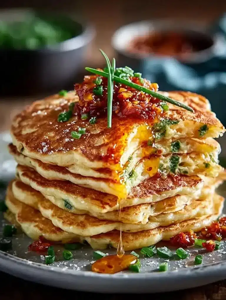 Savory dinner pancakes topped with spicy chili butter on a plate